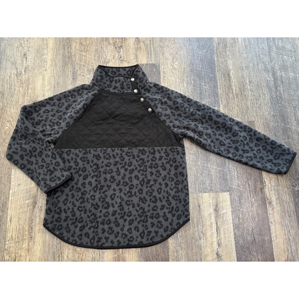 J.Crew Leopard Print Fleece Pullover Quilted Snap Mock Neck Gray Black Medium